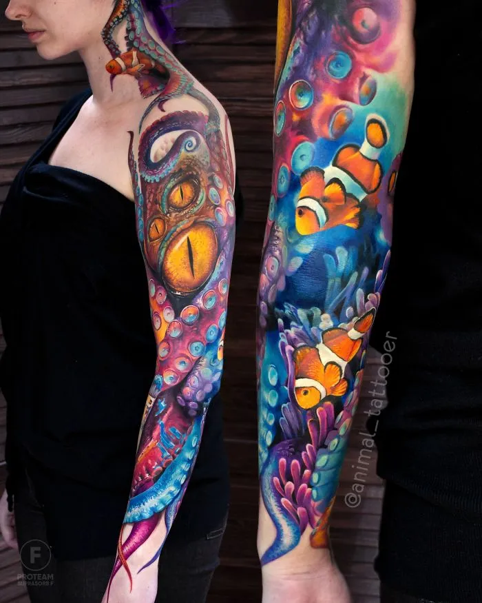 Colorful and bright animal tattoos featuring an octopus and clownfish on arms.