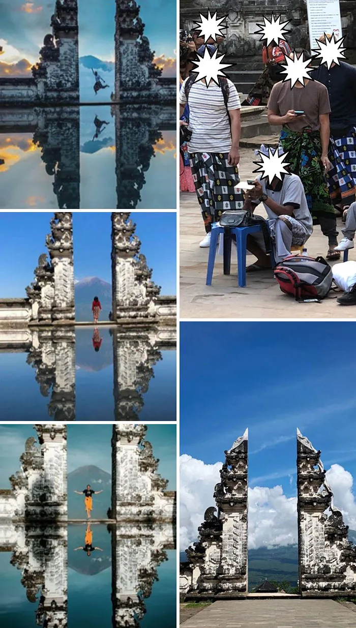 Este sitio en Bali no tiene agua debajo, solo es un cristal bajo el móvil para hacer una ilusión óptica