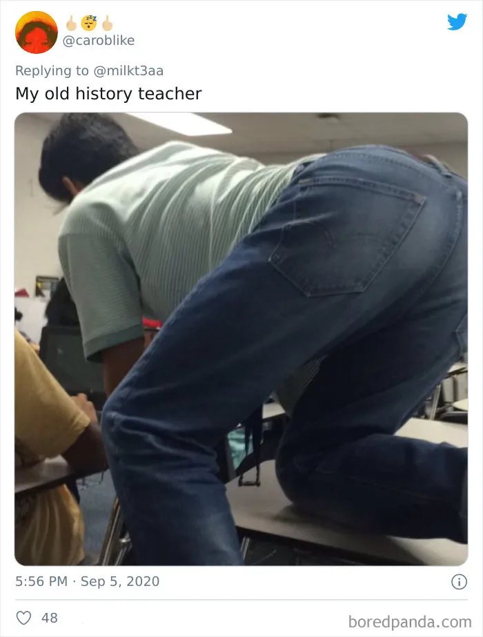 Students Are Sharing Pics Of Teachers Leaning Over And Sitting In The Weirdest Positions In Class (26 Tweets)