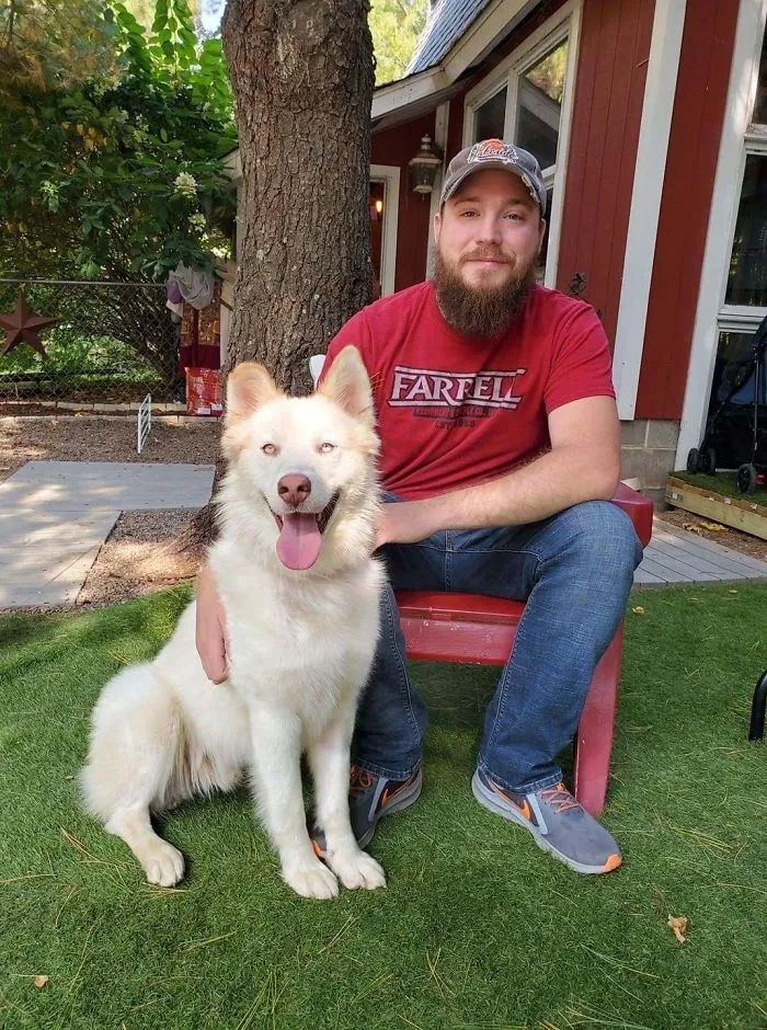 Man sitting outside with a happy white rescue dog on grass, showcasing one of the most wholesome rescue pet photos.