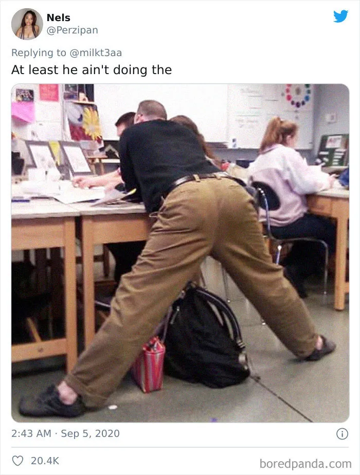 Students Are Sharing Pics Of Teachers Leaning Over And Sitting In The Weirdest Positions In Class (26 Tweets)