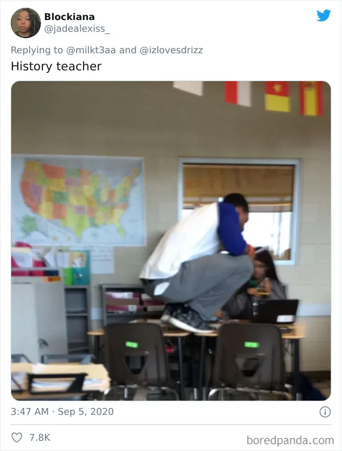 Students Are Sharing Pics Of Teachers Leaning Over And Sitting In The Weirdest Positions In Class (26 Tweets)