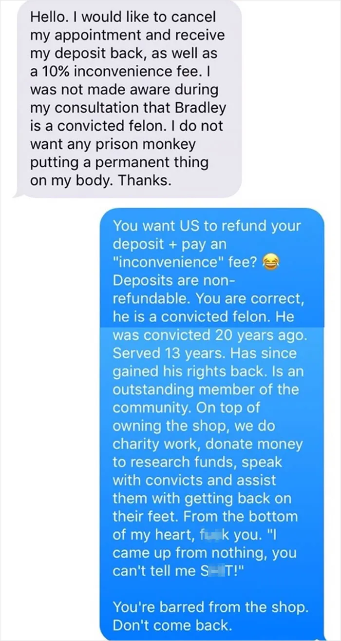 Customer Wants A Tattoo Artist To Issue Them An "Inconvenience Fee" For Setting Them Up With An Artist Who Was An Ex-Con