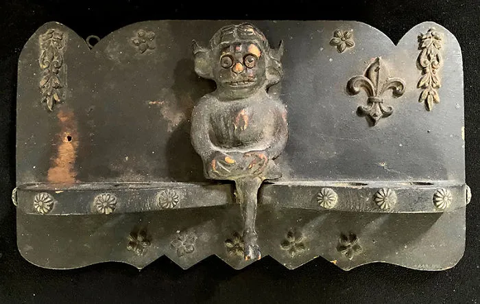 Pipe Rack With Lincoln Imp, Carved And Painted Wood With Ornamental Metal Attachments, C. Late 1800s
