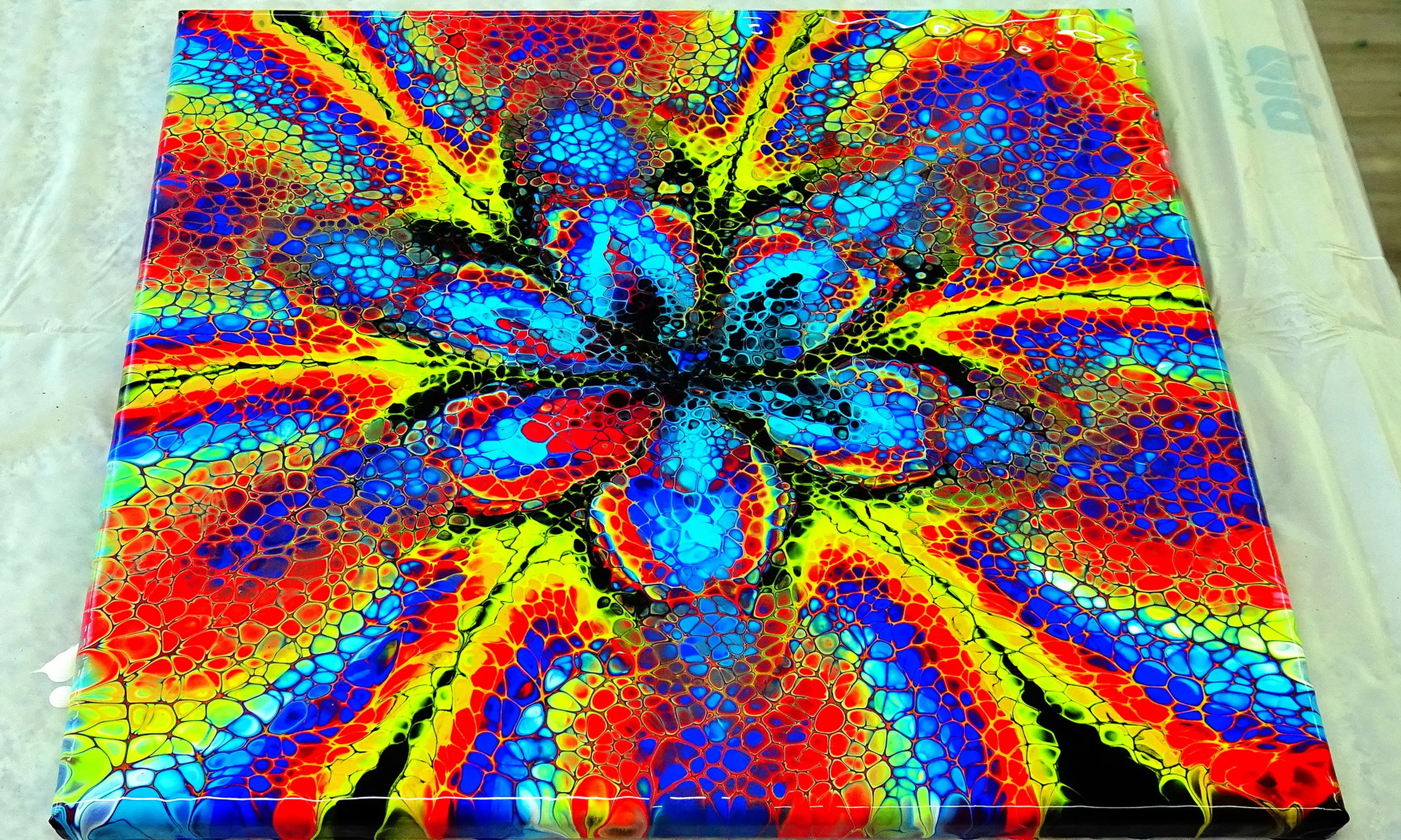 Stained Glass ~ Rainbow Flower ~ Acrylic Pour Painting With Silicone Oil ~ Open Cup
