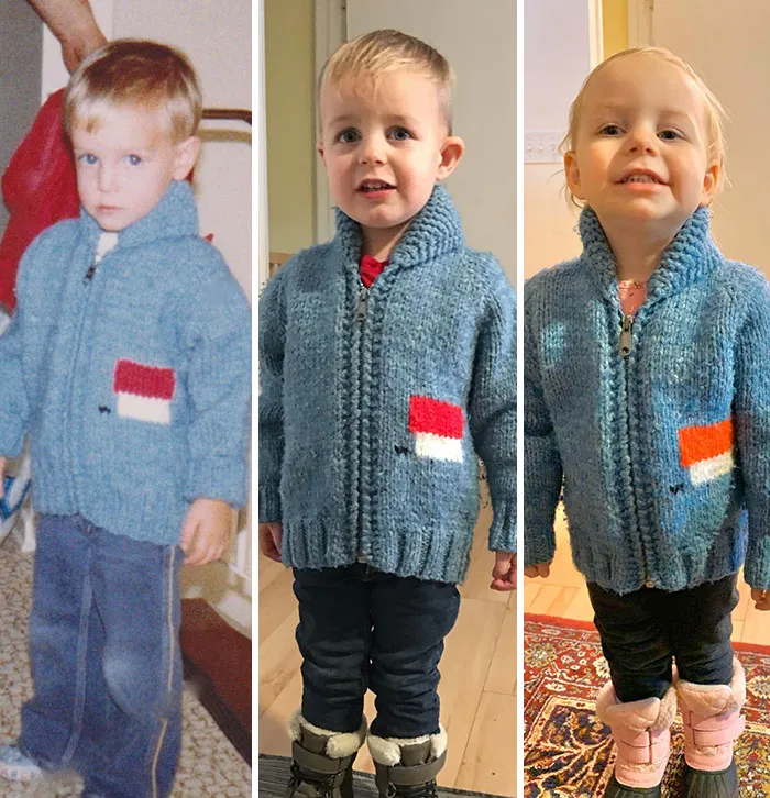 Me In My Snoopy Sweater In 1981, My Son In The Same Sweater In 2017, And My Daughter In The Same Sweater In 2020