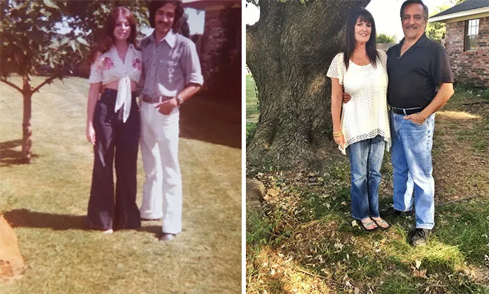 My Parents By Their Tree In 1975 And Now In 2016
