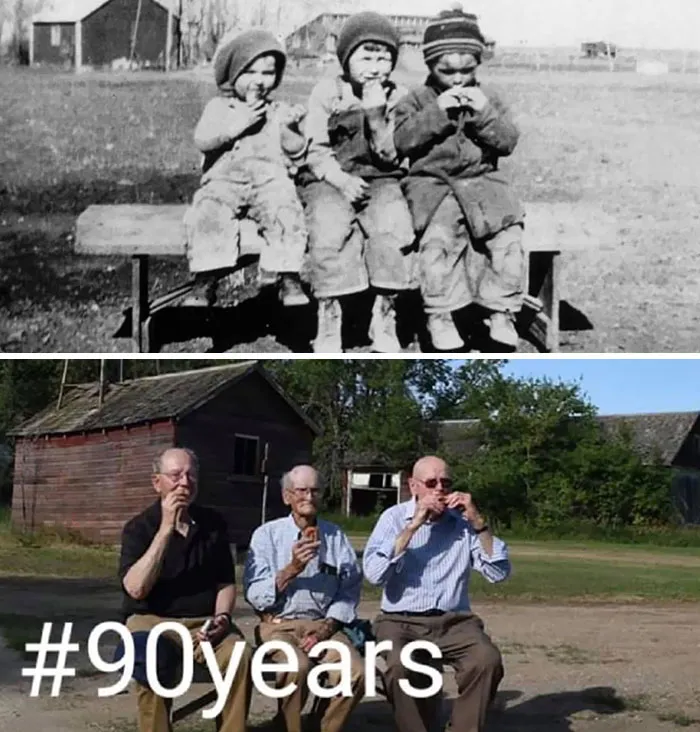 My Grandpa’s Three Surviving Brothers Coming Together 90 Years Later On The Same Farm, With The Same Exact Bench