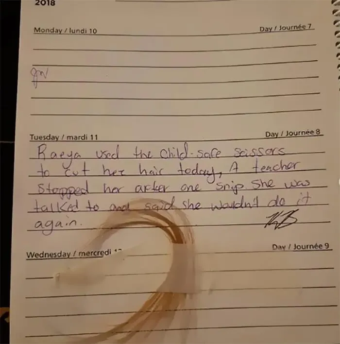 "Raeya Used The Child Safe Scissors To Cut Her Hair Today. A Teacher Stopped Her After One Snip"