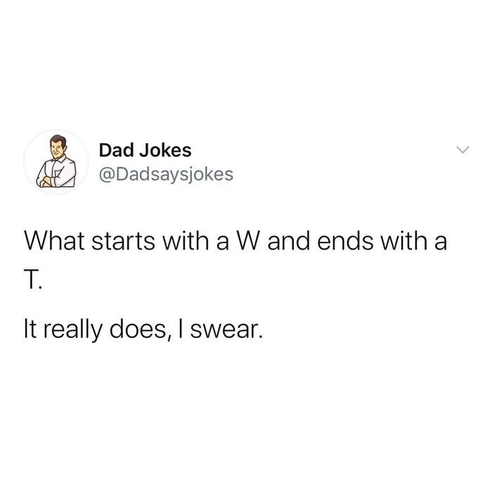 Dad jokes tweet: "What starts with W and ends with T. It really does, I swear."