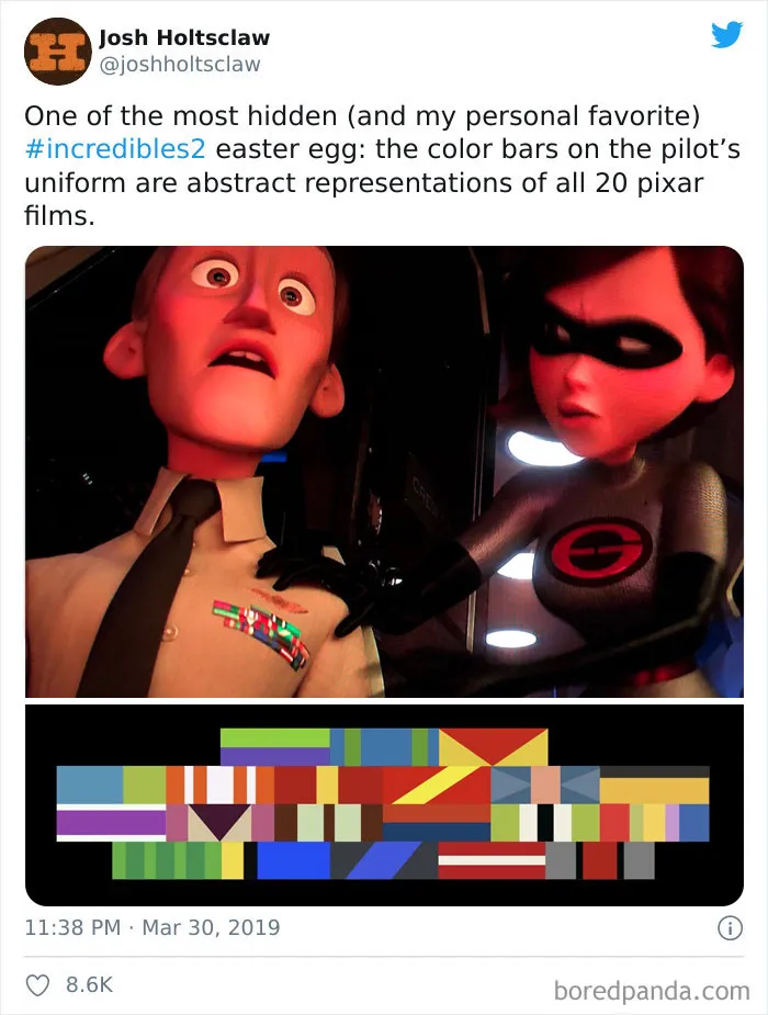 In Incredibles 2 (2018), The Pilot's Uniform Has Ribbons/Bars That Represent The Color Schemes Of All The Other Pixar Movies To Date