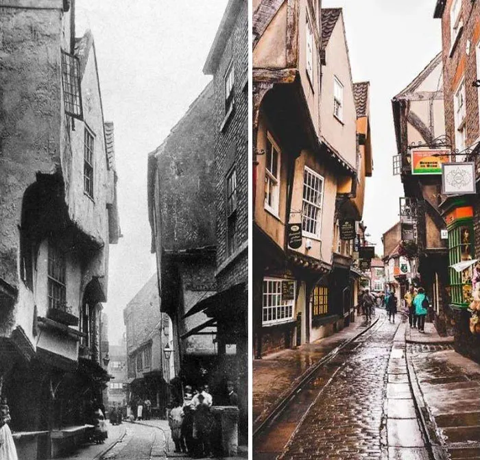The Shambles In York (UK) Inspiration For Diagon Alley From Harry Potter. Late 1800s And Today