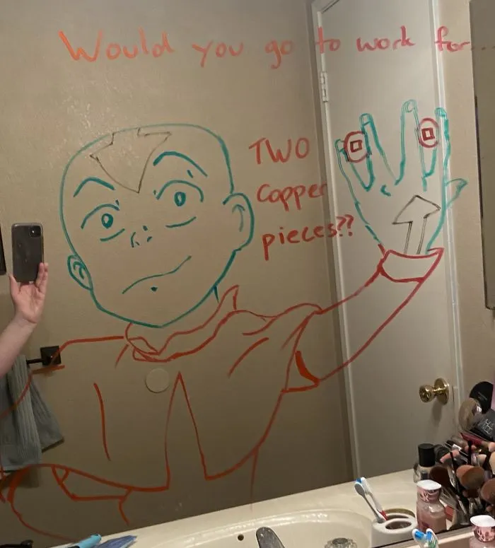 Woman Shares A Collection Of Her Husband's Doodles On Her Bathroom Mirror (17 Pics)