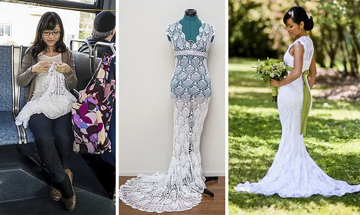 I Knitted My Lace Wedding Dress On The Bus On The Way To Work. It Took 5 Months And Less Than $30 To Create This Beauty