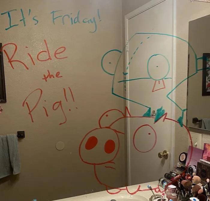 Woman Shares A Collection Of Her Husband's Doodles On Her Bathroom Mirror (17 Pics)