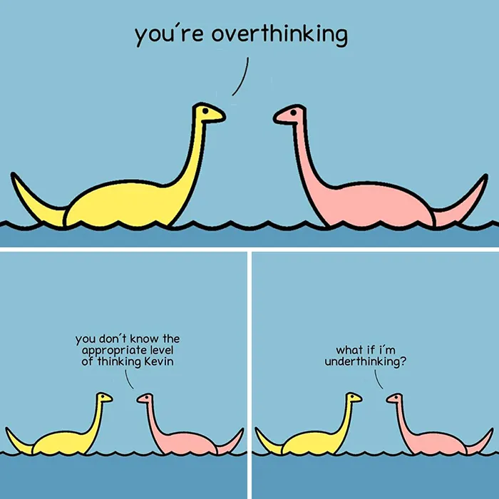 Dinosaur comic about overthinking 