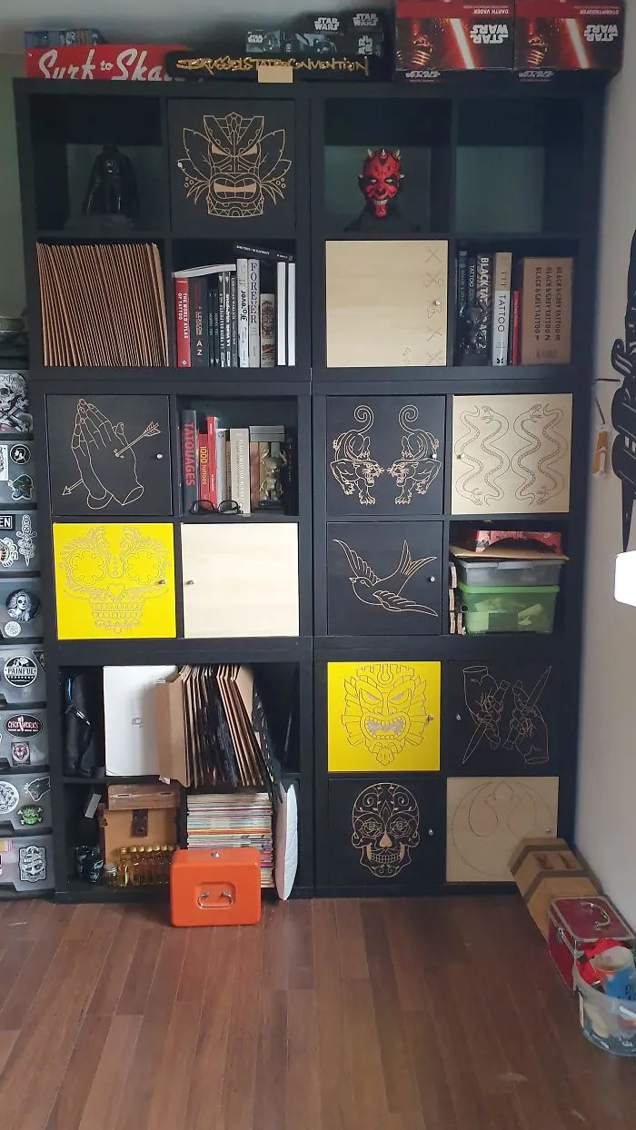 I Used A Cnc Cutter To Engrave Tattoo Designs Into The Doors Of My IKEA Kallax.