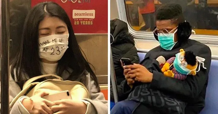 Esta página de Instagram publica las mascarillas anticoronavirus más ridículas vistas en el metro (37 fotos)