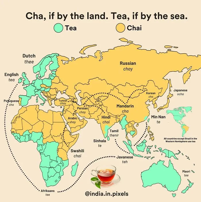 The Countries That Got Tea Via China Through The Silk Road (Land) Referred To It In Various Forms Of The Word "Cha". On The Other Hand, The Countries That Traded With China Via Sea - Through The Min Tan Port Called It In Different Forms Of "Te"