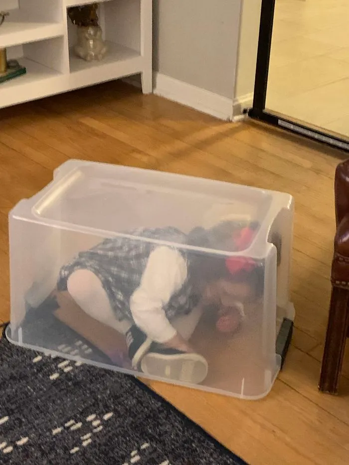 Toddler trapped inside a clear plastic container, illustrating funny kids are not born smart moments at home.