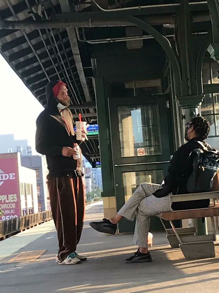 Awesome Lady (Bro) Giving Her Leftovers And Chatting With This Homeless Gentleman. He Was Extremely Thankful For The Food And Her Friendliness