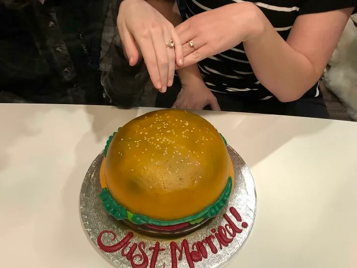 My Wife And I Eloped During Quarantine. We Decided To Have A Hamburger Wedding Cake To Celebrate