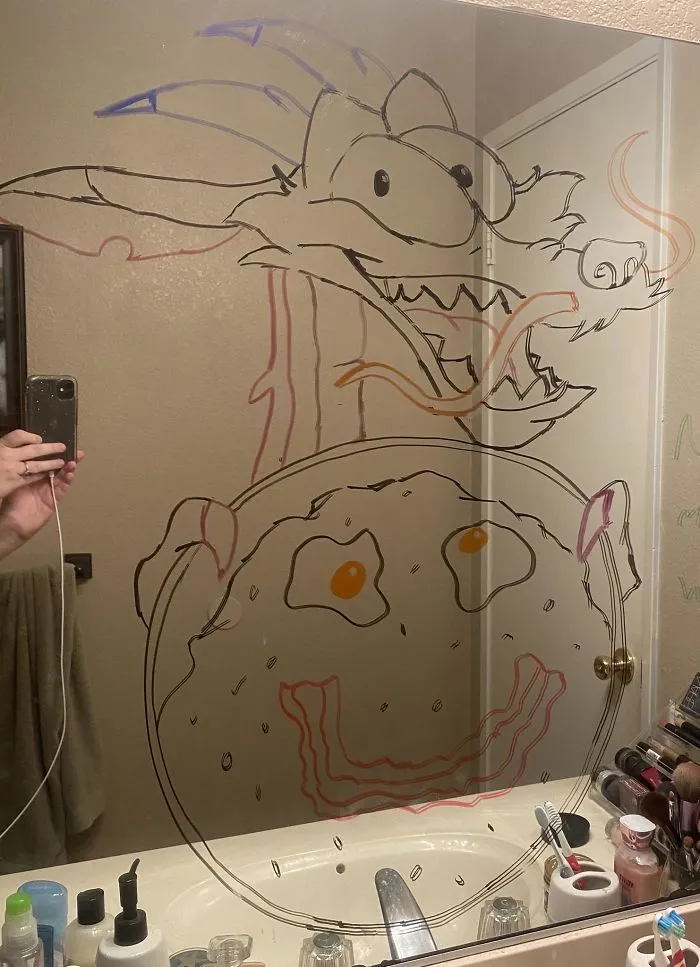 Woman Shares A Collection Of Her Husband's Doodles On Her Bathroom Mirror (17 Pics)