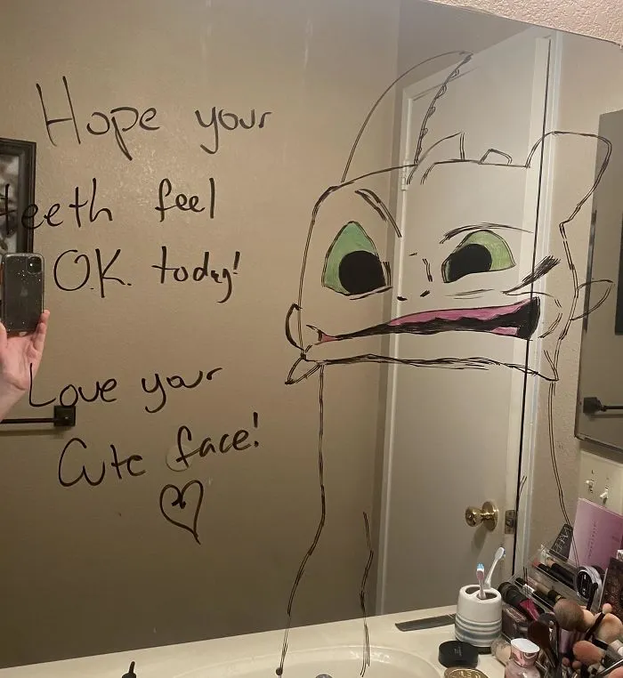 Woman Shares A Collection Of Her Husband's Doodles On Her Bathroom Mirror (17 Pics)