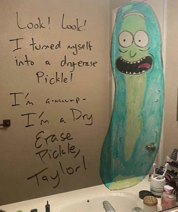 Woman Shares A Collection Of Her Husband's Doodles On Her Bathroom Mirror (17 Pics)