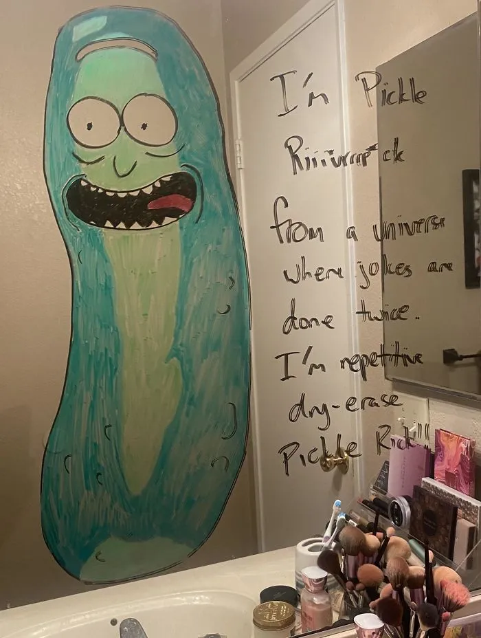 Woman Shares A Collection Of Her Husband's Doodles On Her Bathroom Mirror (17 Pics)
