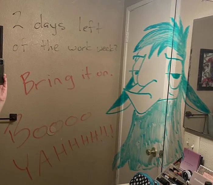 Woman Shares A Collection Of Her Husband's Doodles On Her Bathroom Mirror (17 Pics)