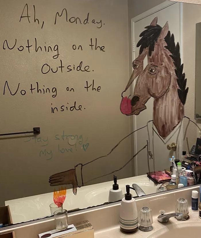 Woman Shares A Collection Of Her Husband's Doodles On Her Bathroom Mirror (17 Pics)