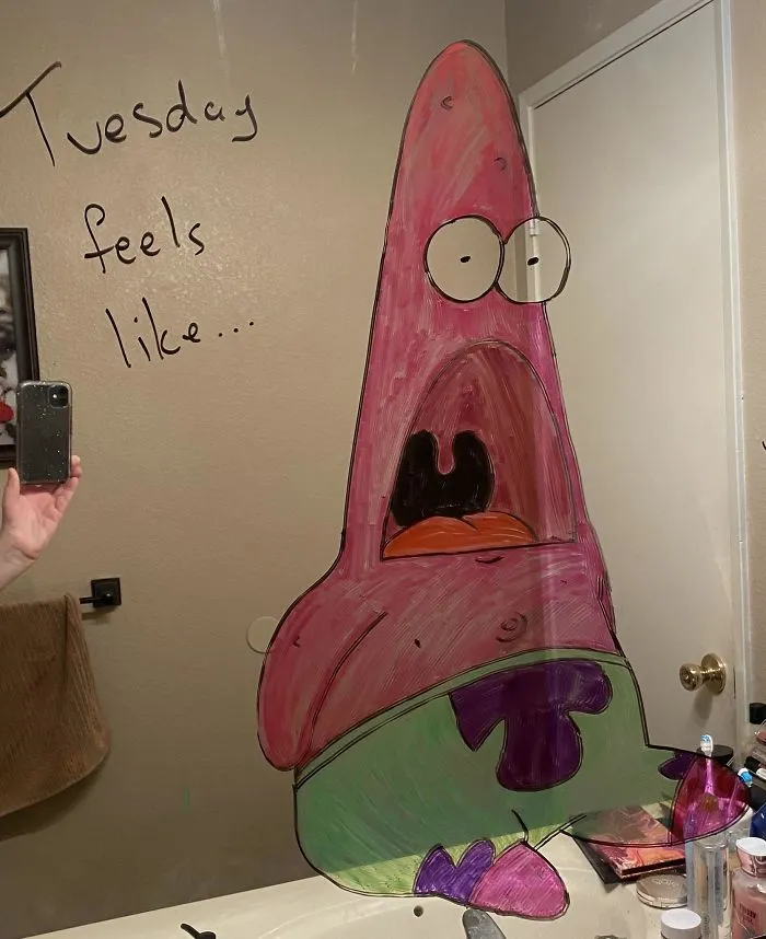 Woman Shares A Collection Of Her Husband's Doodles On Her Bathroom Mirror (17 Pics)