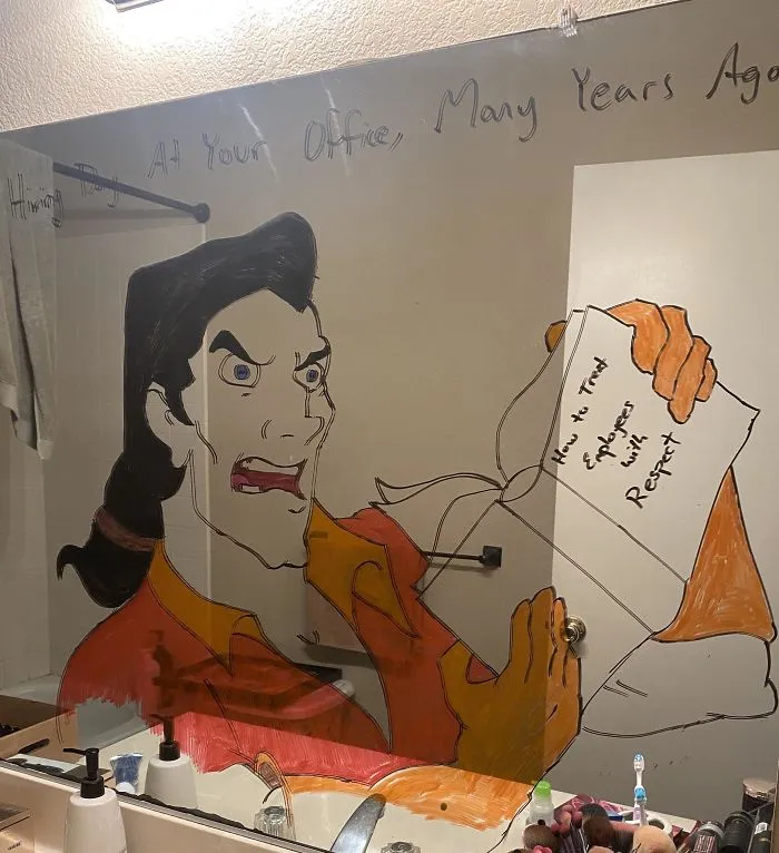 Woman Shares A Collection Of Her Husband's Doodles On Her Bathroom Mirror (17 Pics)