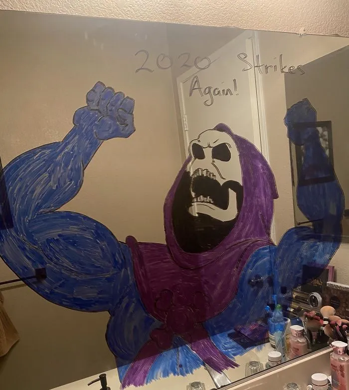 Woman Shares A Collection Of Her Husband's Doodles On Her Bathroom Mirror (17 Pics)