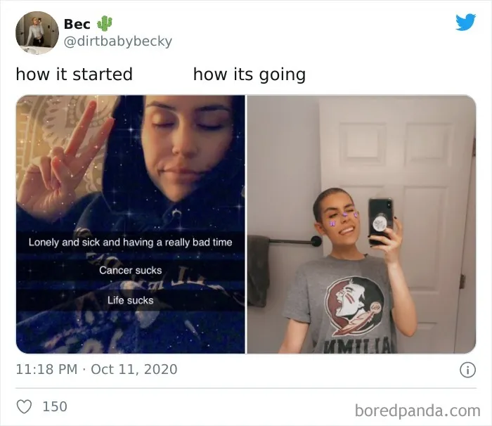 Side-by-side photos showing cancer journey progress with a positive and healthy attitude for the how it started vs how it’s going challenge.