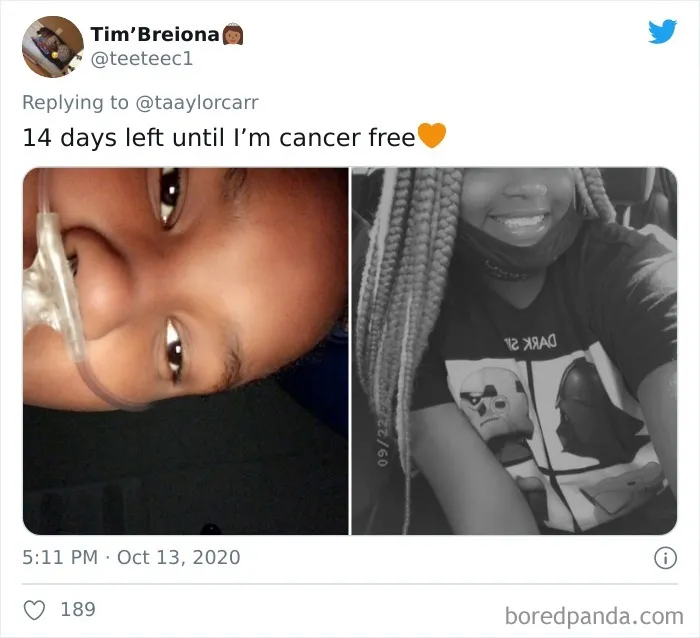 Side-by-side photos of a person before and after cancer treatment, sharing their inspiring cancer story challenge.