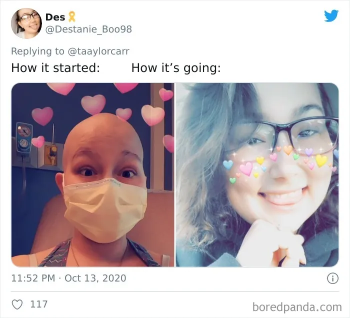Side-by-side photos showing cancer survivor’s transformation in the how it started vs how it’s going challenge.