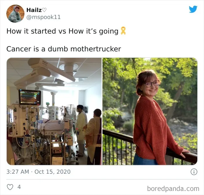 Side-by-side images showing cancer journey progress with hospital treatment and a smiling person outdoors in sunlight.