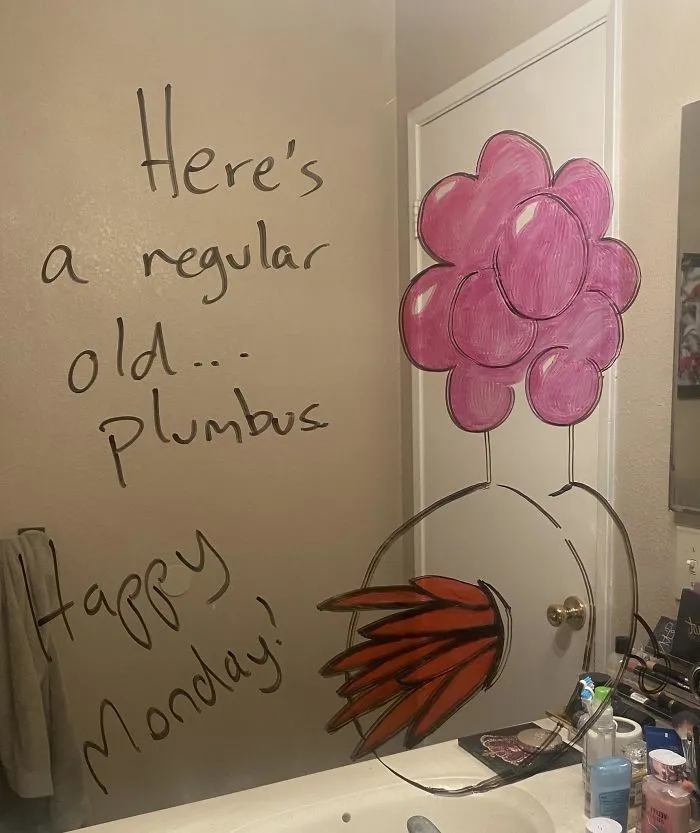 Woman Shares A Collection Of Her Husband's Doodles On Her Bathroom Mirror (17 Pics)