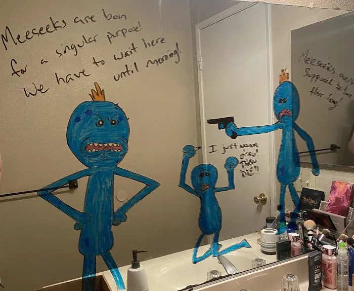 Woman Shares A Collection Of Her Husband's Doodles On Her Bathroom Mirror (17 Pics)