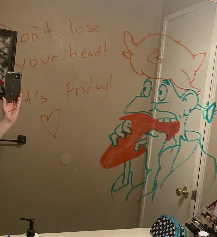 Woman Shares A Collection Of Her Husband's Doodles On Her Bathroom Mirror (17 Pics)
