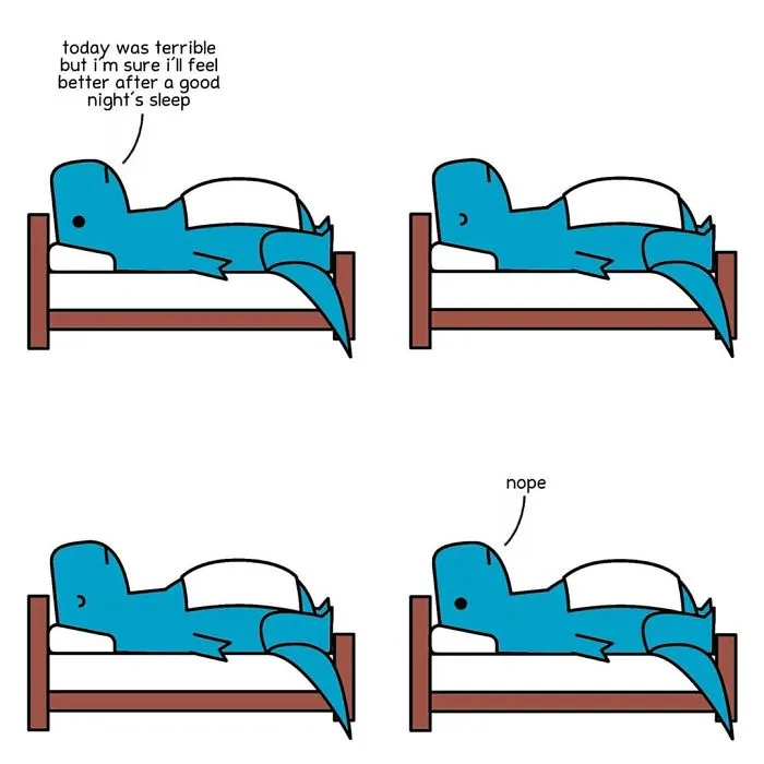Dinosaur comic about terrible day and a good night sleep 