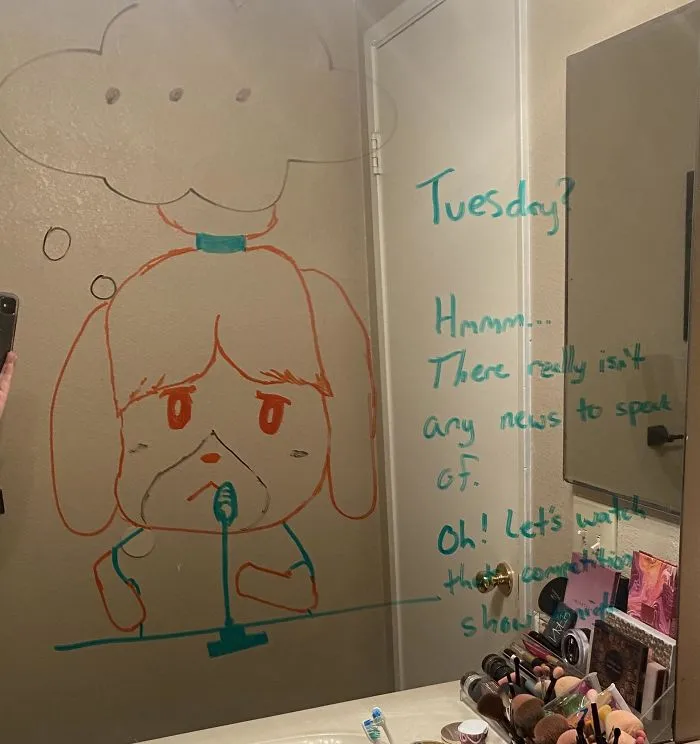 Woman Shares A Collection Of Her Husband's Doodles On Her Bathroom Mirror (17 Pics)