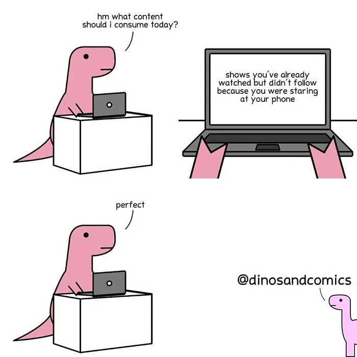 Dinosaur comic about watching shows and staring at your phone 