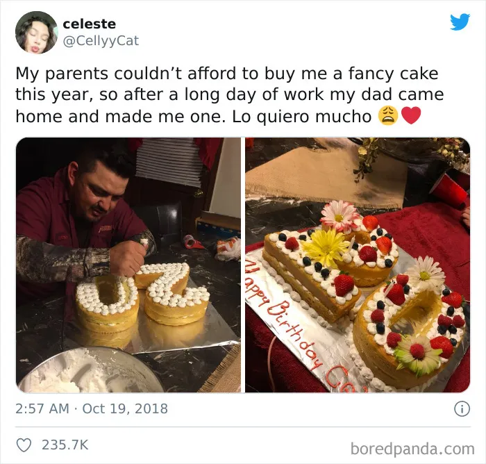 Mis padres no se podían permitir comprarme una tarta bonita este año, así que tras un largo día de trabajo, mi padre volvió a casa y me hizo uno
