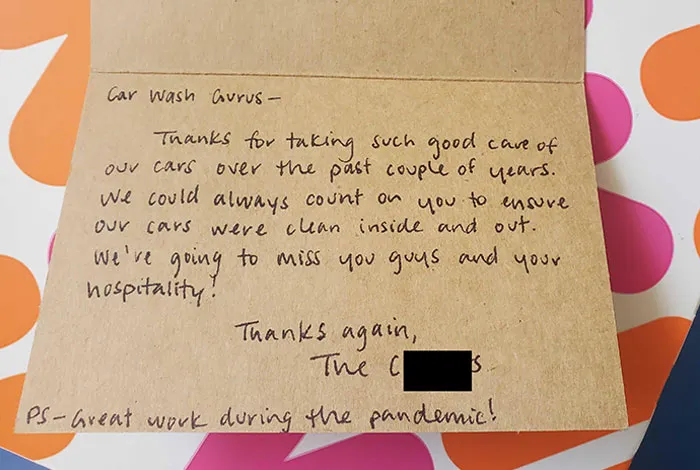 We're Just A Car Wash, So We Have To Assume This Customer (Who's Moving) Wrote Notes Like This For Multiple Local Businesses. And She Brought Donuts