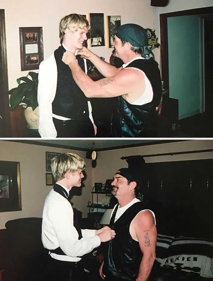 Mi padre murió de Covid en Julio y encontré estas fotos suyas arreglándome la pajarita para mi graduación