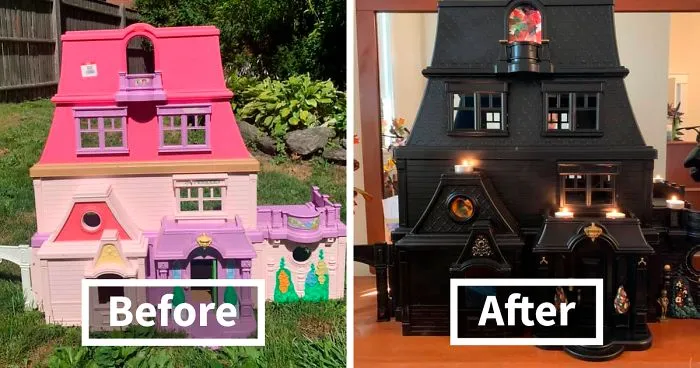 Mom Starts Upcycling Thrifted Plastic Dollhouses Into Spooky Mansions, And She's Absolutely Nailing It