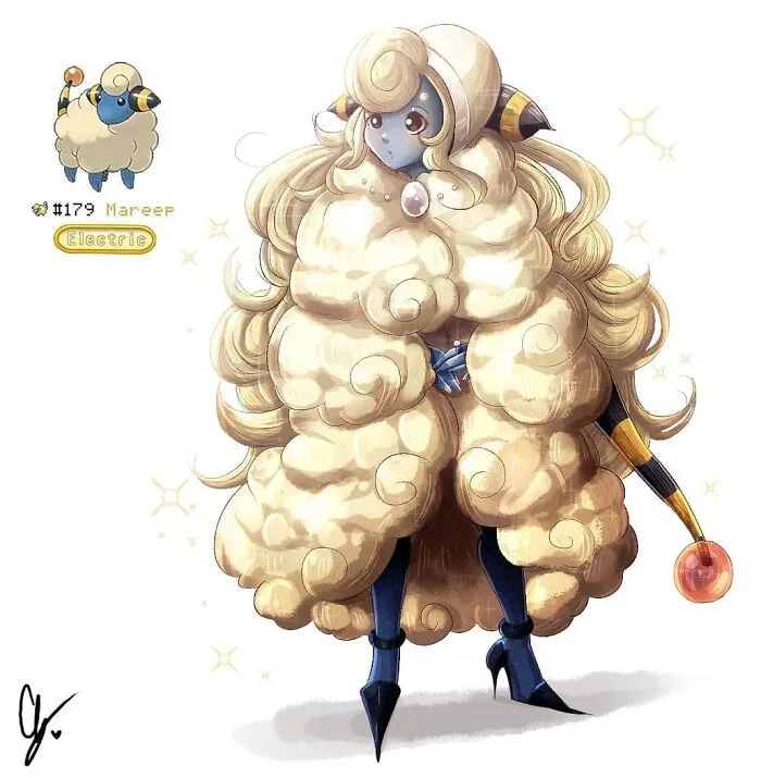 Humanized Mareep in fluffy attire, drawn by a wheelchair-bound artist, embodying creativity and transformation.